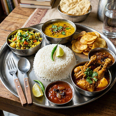ভাত, সবজী, ডাল, চিপস্, চিকেন কারি (৩ পিস্ ), চাটনি (দুপুরের জন্য)