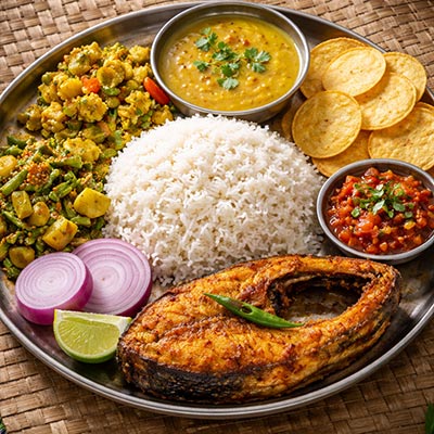 ভাত, সবজী, ডাল, চিপস্, কাতলা মাছ, চাটনি (দুপুরের জন্য)