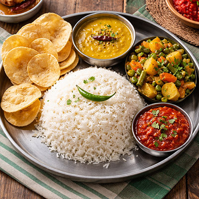 ভাত, সবজী, ডাল, চিপস্, চাটনি (দুপুরের জন্য)
